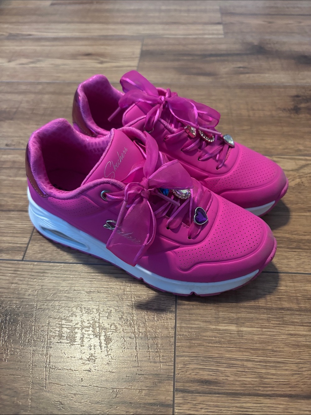 Kids Skechers Hot Pink Platform Sneakers with Ribbon Laces + Jewels
